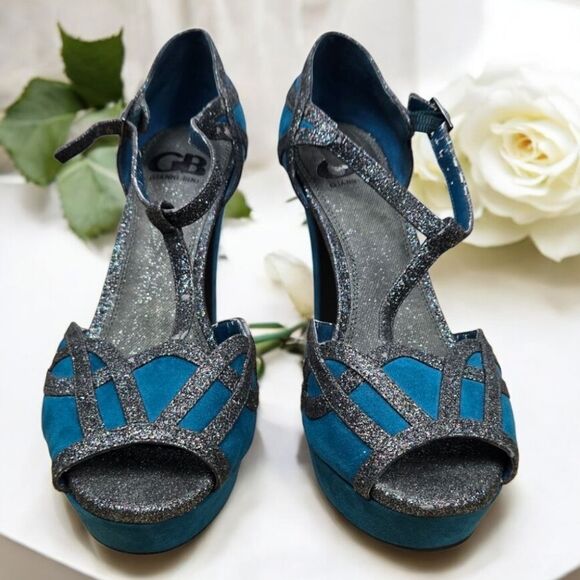 Gianni Bini Women's GB Teal Suede Glitter Platform Pumps Peep Toe 9M Formal Club - Picture 8 of 15